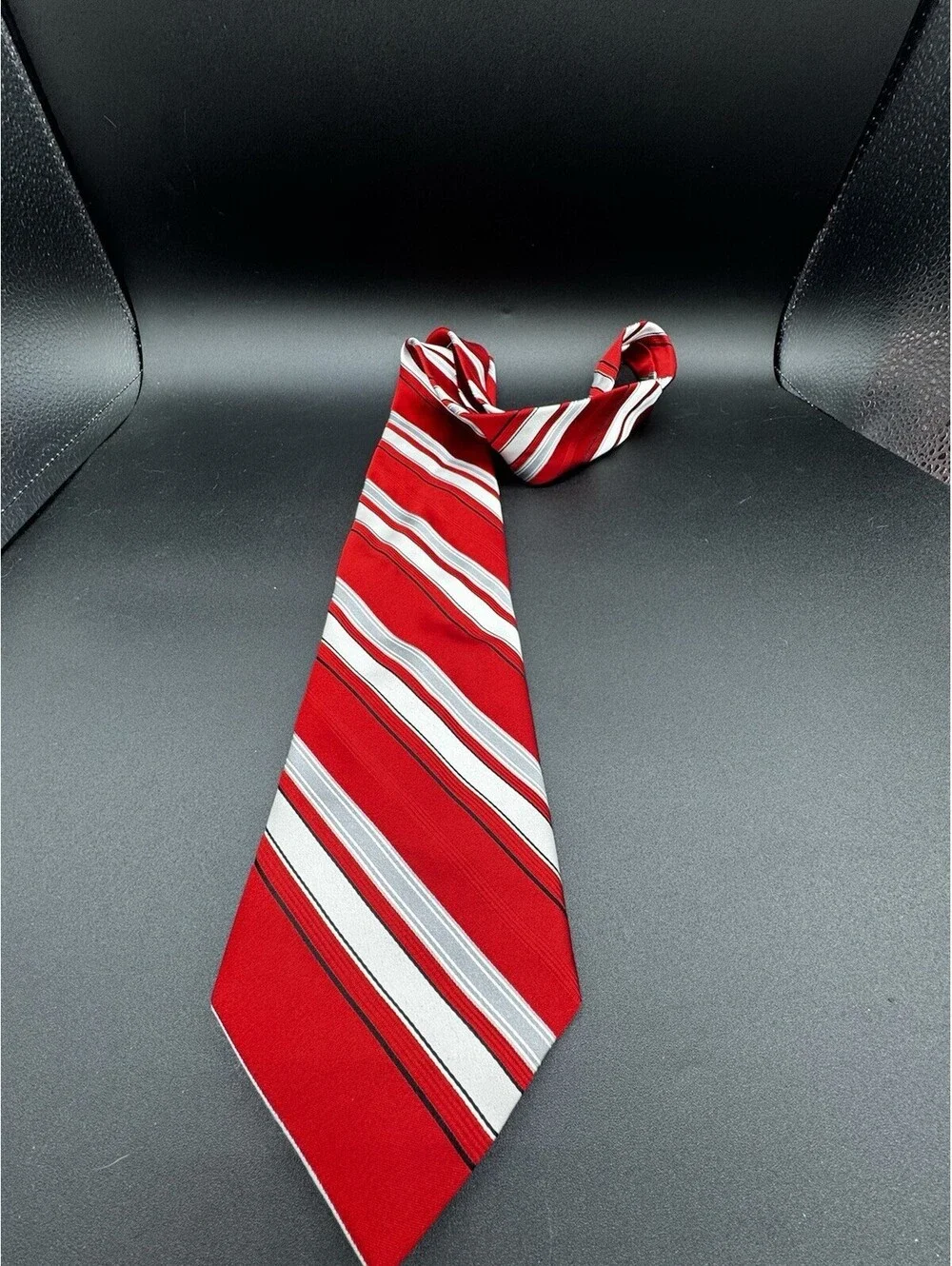Jones New York Silk Tie Red White Gray Striped Wide 60”x4” Teacher Preppy School